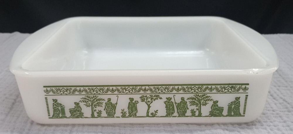 VTG Ovenware Milk Glass Roman Greek Green 2428-8 8 in Casserole Dish USA